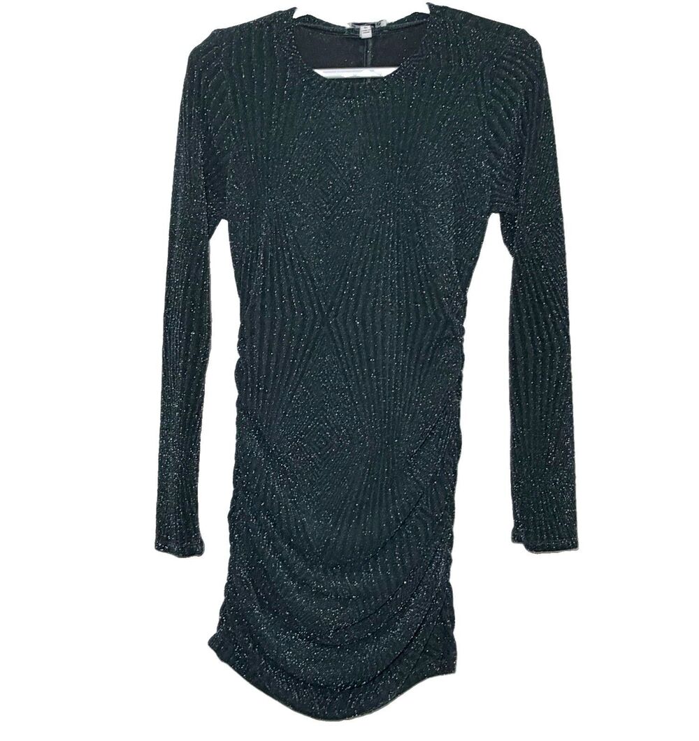 Xtraordinary Green Metallic Shimmer Ruched Bodycon Mini Dress Long Sleeve M